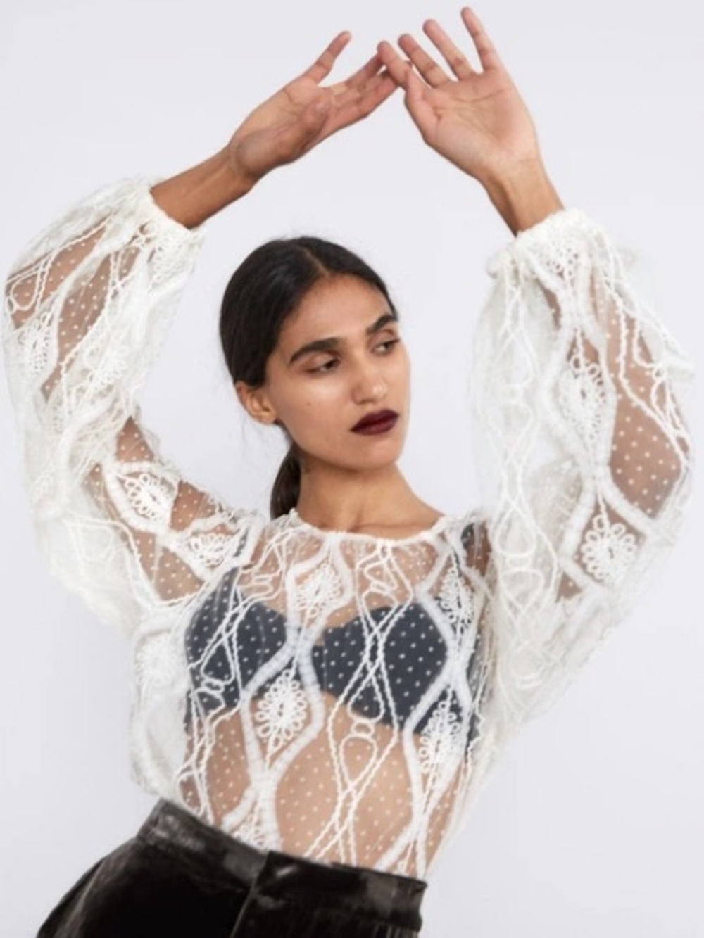 NWT Zara Sheer White Lace Balloon Sleeve Top Size M